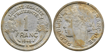 ФРАНЦИЯ 1 ФРАНК 1948 B, ТИП MORLON KM 885а.2, LE FRANC 221.14 алюминий 51-3441