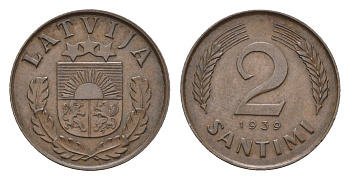 Латвия 2 сантима 1939 KM 11.2 бронза 4679-262