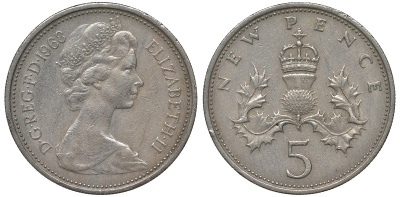 Великобритания 5 пенсов 1968 Елизавета II (1952-2022) KM 911, Spink 4233 (D1) медно-никель 4122-946
