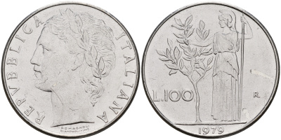 Италия 100 лир 1979 R, Афина KM 96.1 сталь    4149-343