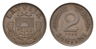 Латвия 2 сантима 1939 KM 11.2 бронза 4679-262