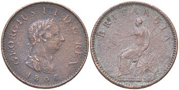 Великобритания 1 фартинг 1806 Георг III (1760-1820) KM 661, Spink 3782 медь 4613-349