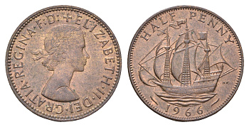 Великобритания 1/2 пенни 1966 Елизавета II (1952-2022) KM 896, Spink 4158 бронза  aUNC  4660-647