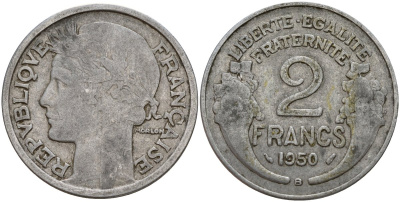 Франция 2 франка 1950 KM 886a алюминий 4187-1021