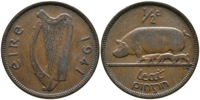 Ирландия 1/2 пенни 1941 свинья с поросятами KM 10 бронза 4525-1115