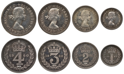 Великобритания набор из 4 монет 1960 1, 2, 3 и 4 пенса, Манди сет, Елизавета II (1952- ), Westminster Spink 4131 серебро UNC 00-821-64