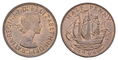 Великобритания 1/2 пенни 1966 Елизавета II (1952-2022) KM 896, Spink 4158 бронза  aUNC  4660-647