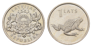 Латвия 1 лат 2010 Лягушка KM 108 медно-никель UNC 4652-1032