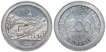 Германия, Нюрнберг - Фюрт 200 пфеннигов 1921 юбилейный жетон железной дороги - первая железная дорога, паровоз алюминий 4123-145