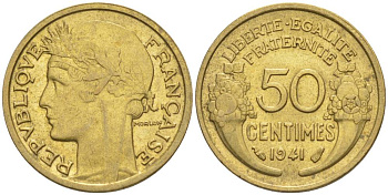 ФРАНЦИЯ 50 САНТИМОВ 1941 ТИП MORLON KM 894.1, LE FRANC 192.18 алюминиевая бронза 44-623