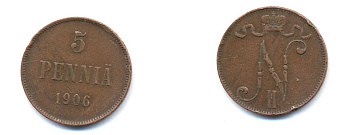 РОССИЯ ДЛЯ ФИНЛЯНДИИ 5 ПЕННИ 1906 Биткин 447 медь 53-732