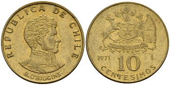 Чили 10 сентесимо 1971 KM 194 алюминиевая бронза 4158-721