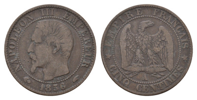 Франция 5 сантимов 1856 B, Наполеон III (1852-1870) KM 777.1 бронза 36-1014
