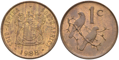 ЮАР 1 ЦЕНТ 1988 ДВЕ ПТИЧКИ НА ВЕТКЕ KM 82 бронза UNC 4594-128
