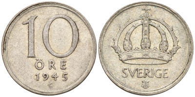 Швеция 10 эре 1945 G, Густав V (1907-1950) KM 813 серебро 4147-847