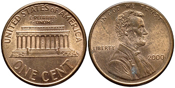 США 1 ЦЕНТ 2000 ЛИНКОЛЬН KM 201b цинк плакированный медью 4396-457