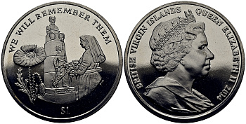 Британские Виргинские острова 1 доллар 2014 в память героев первой мировой войны, памятник KM NEW медно-никель UNC 4386-635