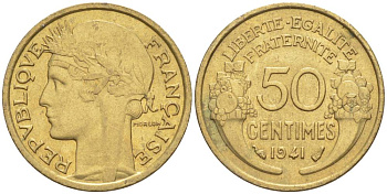 ФРАНЦИЯ 50 САНТИМОВ 1941 ТИП MORLON KM 894.1, LE FRANC 192.18 алюминиевая бронза 44-538
