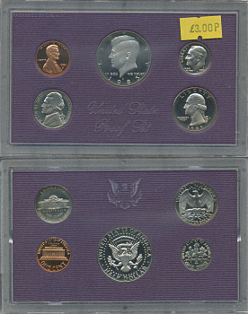 США набор из 5 монет (1, 5, 10 (дайм), 25 (квотер, 1/4 доллара) и 50 (1/2 доллара) центов) 1985 в оригинальной упаковке KM PS154 (A192, 195a, 201, 164a и A202b) PROOF 8-2-06-85
