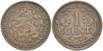 НИДЕРЛАНДЫ 1 ЦЕНТ 1928 ВИЛЬГЕЛЬМИНА I (1891-1948) KM 152 бронза 4532-735