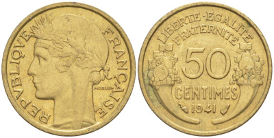 ФРАНЦИЯ 50 САНТИМОВ 1941 ТИП MORLON KM 894.1, LE FRANC 192.18 алюминиевая бронза 44-538