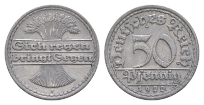 Германия 50 пфеннигов 1922 F KM 27, J. 301 алюминий 4646-1144