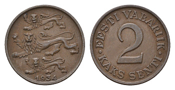 Эстония 2 сентов 1934 год-тип KM 15 бронза 46-2026
