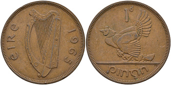 Ирландия 1 пенни 1965 курица с цыплятами KM 11 бронза 4144-1123