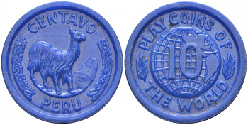 ПЕРУ ИГРОВОЙ ЖЕТОН В 1 СЕНТАВО ND PLAY COINS OF THE WORLD, CENTAVO PERU, ЛАМА, ДИАМЕТР 22 ММ. пластик 216-834