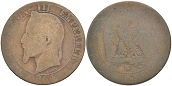 ФРАНЦИЯ 5 САНТИМОВ 1864 BB, НАПОЛЕОН III (1852-1870) KM 797.2, LE FRANC 117.12 бронза 217-221