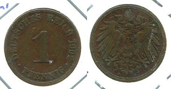 ГЕРМАНИЯ 1 ПФЕННИГ 1902 A KM 10, J. 10 медь 701-214