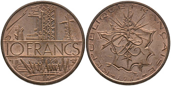 Франция 10 франков 1984 тип Матье KM 940, Le Franc 365.23-24 никель латунь 181-445