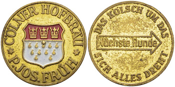 ГЕРМАНИЯ ЖЕТОН ND КЁЛЬНСКАЯ ПИВОВАРНЯ P. JOS. FRUH, ЦВЕТНАЯ ЭМАЛЬ, ДИАМЕТР 27 ММ. жёлтый металл 4179-135