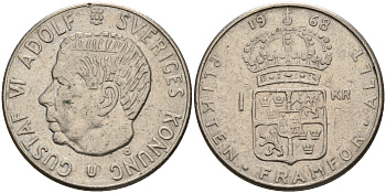 Швеция 1 крона 1968 U, Густав VI Адольф (1950-1973) KM 826а медь плакированная медно-никелем 4161-634