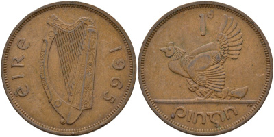 Ирландия 1 пенни 1965 курица с цыплятами KM 11 бронза 4144-1123
