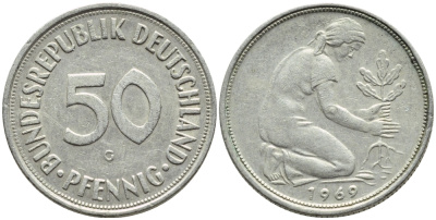 ФРГ 50 пфеннигов 1969 G КМ 109.1J.384 медно-никель 4392-1049