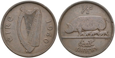 Ирландия 1/2 пенни 1940 свинья с поросятами KM 10 бронза 4561-1131