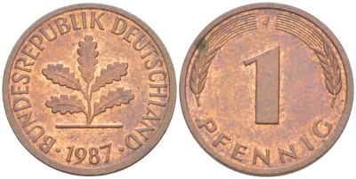 ФРГ 1 ПФЕННИГ 1987 J KM 105, J. 380 сталь плакированная медью 4181-664
