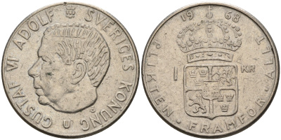 Швеция 1 крона 1968 U, Густав VI Адольф (1950-1973) KM 826а медь плакированная медно-никелем 4161-634