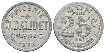 Франция торговый жетон в 25 сантимов 1922 Коньяк Epicerie J.Dalidet, диаметр 27 мм, вес 2 гр Elie mon 15.4 алюминий 3896-622