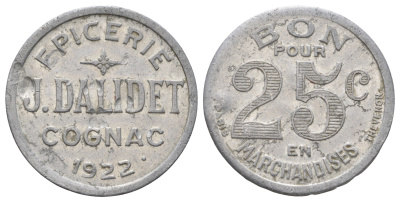 Франция торговый жетон в 25 сантимов 1922 Коньяк Epicerie J.Dalidet, диаметр 27 мм, вес 2 гр Elie mon 15.4 алюминий 3896-622