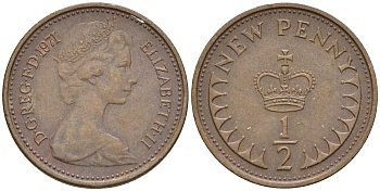 Великобритания 1/2 пенни 1971 Елизавета II (1952-2022) KM 914, Spink 4239 бронза    4602-569