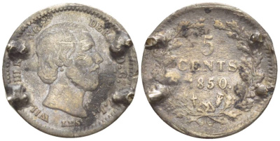 Нидерланды 5 центов 1850 Виллем III (1849-1890), точка после даты, с напайки KM 91 серебро 4532-1148