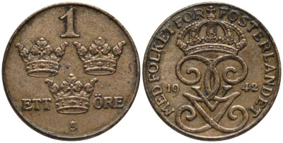 Швеция 1 эре 1942 Густав V (1907-1950) KM 777.2 бронза 201-1141