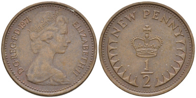 Великобритания 1/2 пенни 1971 Елизавета II (1952-2022) KM 914, Spink 4239 бронза    4602-569