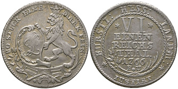 Гессен-Кассель 1/6 талера 1766 FU, Фридрих II (1760-1785), Щит с монограммой стоит рядом со львом, дата под номиналом KM 479 серебро 4525-151