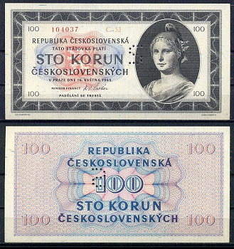 Чехословакия 100 крон 1945 Образец, SPECIMEN. Женщина во фригийском колпаке Pick 67 a бумага UNC (пресс) 451-1083-2