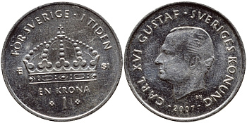 Швеция 1 крона 2007 Карл XVI Густав (1973- ) KM 894 медно-никель 176-234