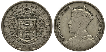Новая Зеландия 1/2 кроны 1934 Георг V (1910-1936) KM 5 серебро 272-832