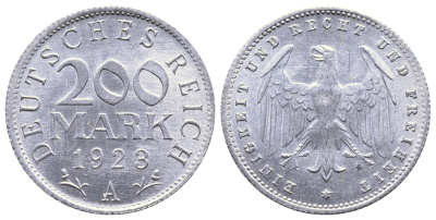 ГЕРМАНИЯ 200 МАРОК 1923 A KM 35, J. 304 алюминий 4380-441